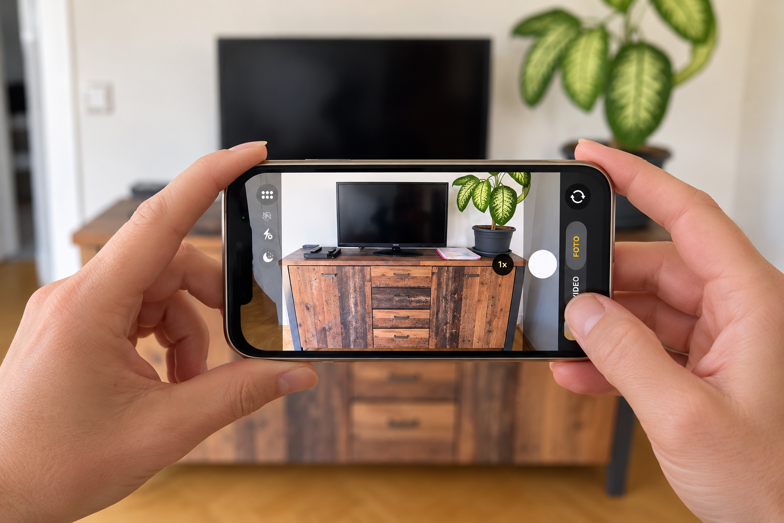 Eine Person fotografiert mit dem Smartphone ein Möbelstück für die digitale Umzugsbesichtigung bei mayerweck.